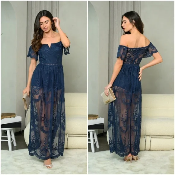 OFF SHOULDER ALL OVER LACE MAXI DRESS - Picture 5 of 6